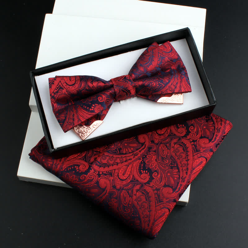 Set di 2 papillon con decorazioni in metallo dorato e motivo Paisley a doppio strato da uomo - Stile n. 1 - Borgogna - Papillon + Sciarpa Quadrata - image 0