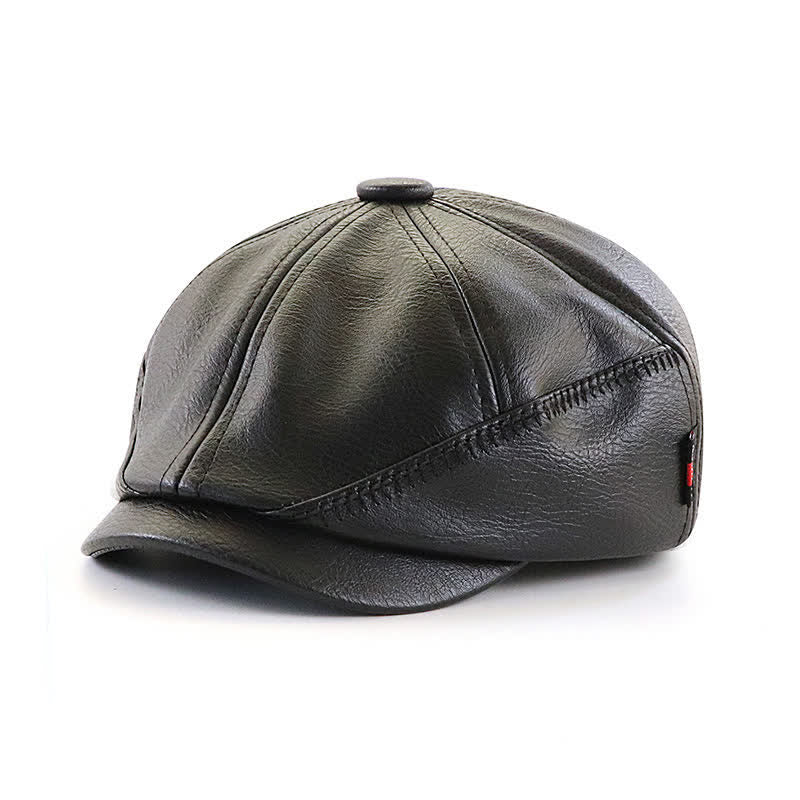 Cappello basco in pelle da giornalaio con design da cucito in stile retrò - Nero - Regolabile (22"-23 5/8") - image 2