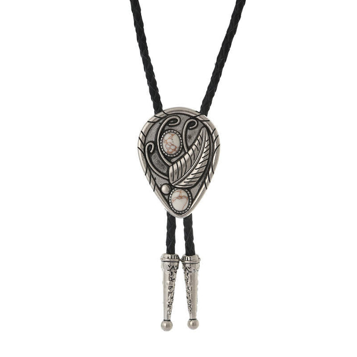 Cravatta Bolo con intarsi in pietra naturale e foglie da cowboy nativo - Bianco - image 11