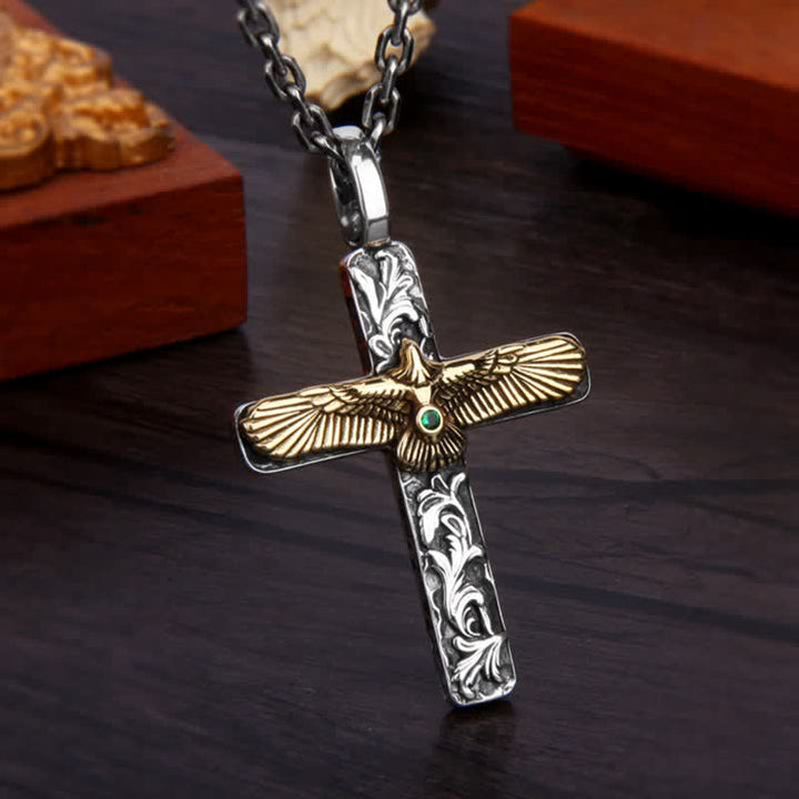 Collana antica con croce d'aquila in oro e argento