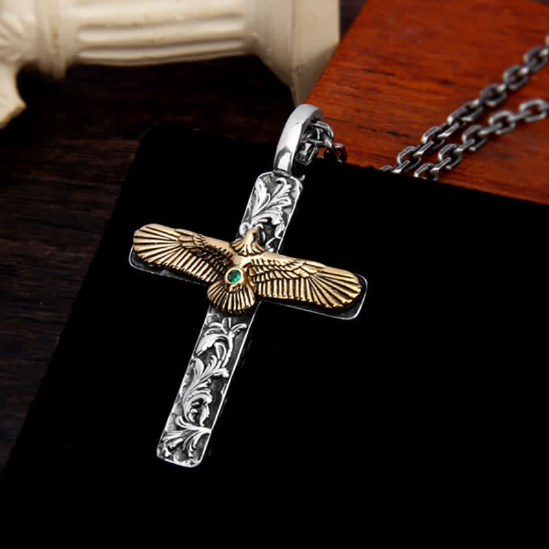 Collana antica con croce d'aquila in oro e argento