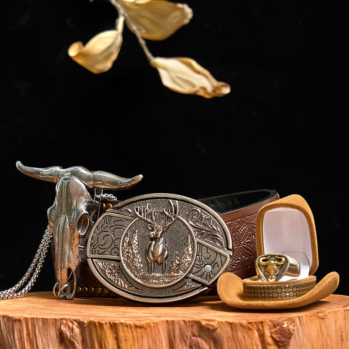 Set di anelli con ciondolo a forma di toro con corna di cervo fai da te, fibbia per cintura con coltello nascosto - Cervo - Cintura con rivetti marroni - 42 - image 8