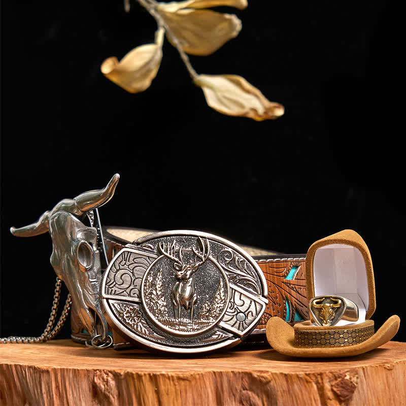 Set di anelli con ciondolo a forma di toro con corna di cervo fai da te, fibbia per cintura con coltello nascosto