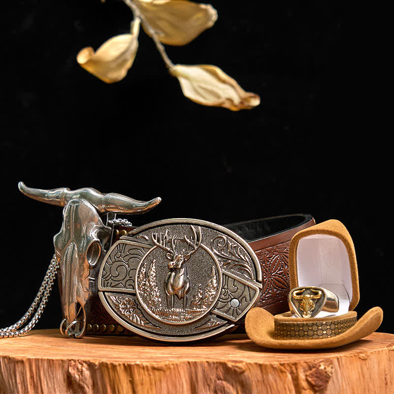 Set di anelli con ciondolo a forma di toro con corna di cervo fai da te, fibbia per cintura con coltello nascosto