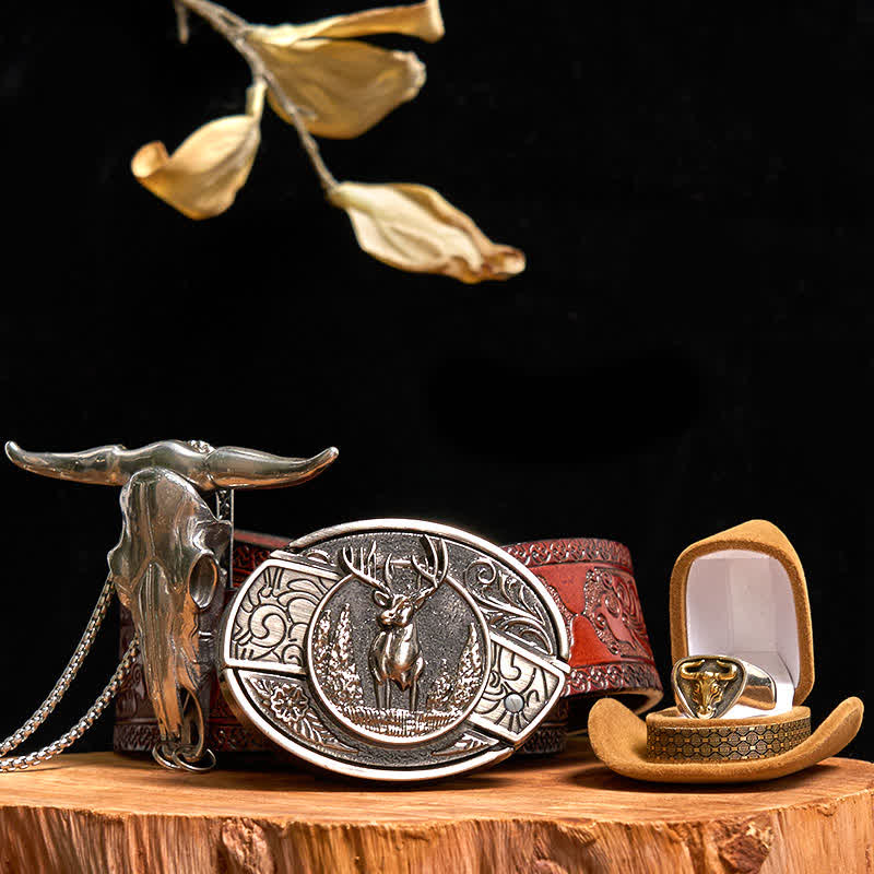 Set di anelli con ciondolo a forma di toro con corna di cervo fai da te, fibbia per cintura con coltello nascosto