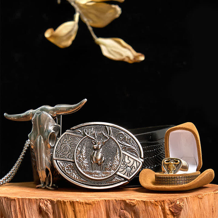 Set di anelli con ciondolo a forma di toro con corna di cervo fai da te, fibbia per cintura con coltello nascosto