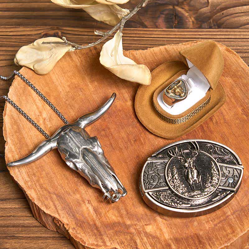 Set di anelli con ciondolo a forma di toro con corna di cervo fai da te, fibbia per cintura con coltello nascosto