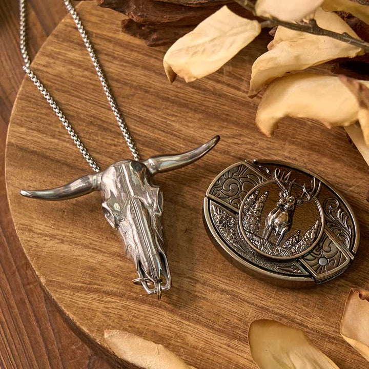 Set di anelli con ciondolo a forma di toro con corna di cervo fai da te, fibbia per cintura con coltello nascosto - image 2
