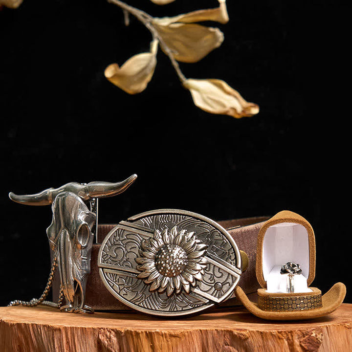Set di anelli con fibbia per cintura con coltello nascosto fai da te a forma di girasole, ciondolo a forma di toro e rosa