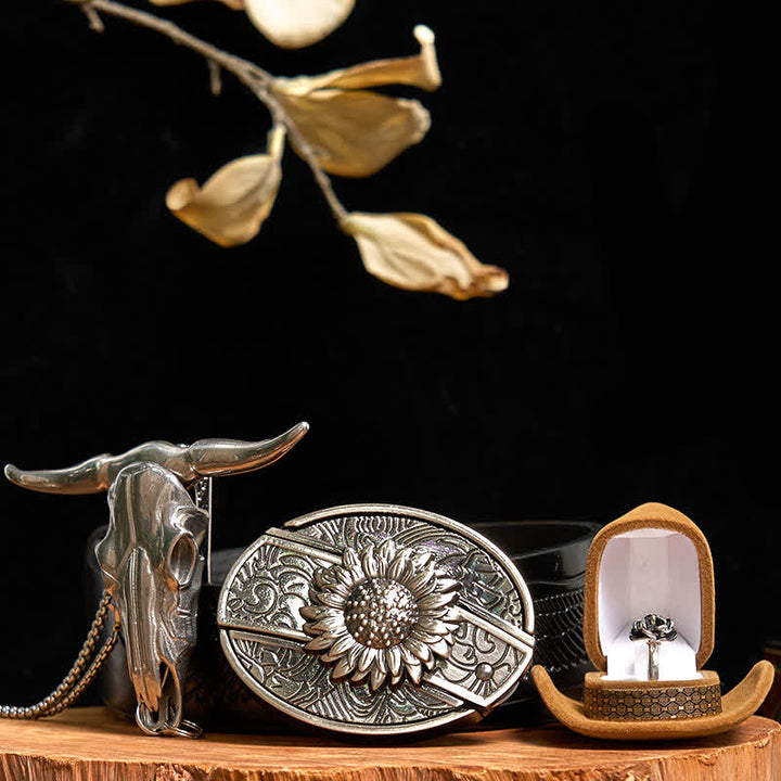 Set di anelli con fibbia per cintura con coltello nascosto fai da te a forma di girasole, ciondolo a forma di toro e rosa