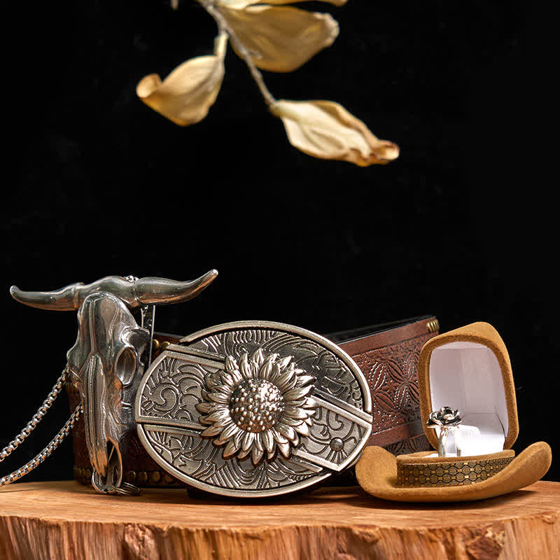 Set di anelli con fibbia per cintura con coltello nascosto fai da te a forma di girasole, ciondolo a forma di toro e rosa