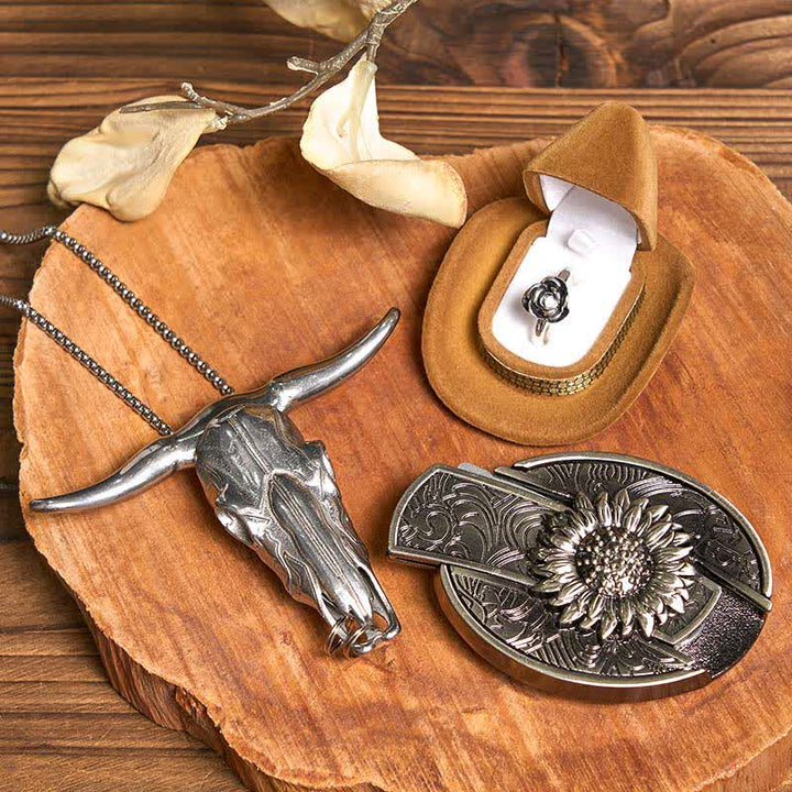 Set di anelli con fibbia per cintura con coltello nascosto fai da te a forma di girasole, ciondolo a forma di toro e rosa