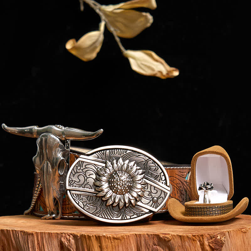 Set di anelli con fibbia per cintura con coltello nascosto fai da te a forma di girasole, ciondolo a forma di toro e rosa