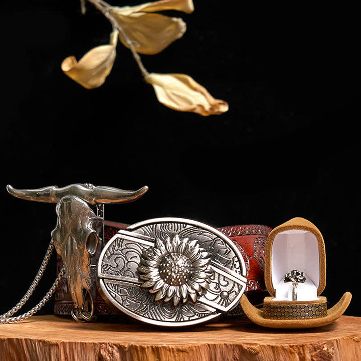 Set di anelli con fibbia per cintura con coltello nascosto fai da te a forma di girasole, ciondolo a forma di toro e rosa