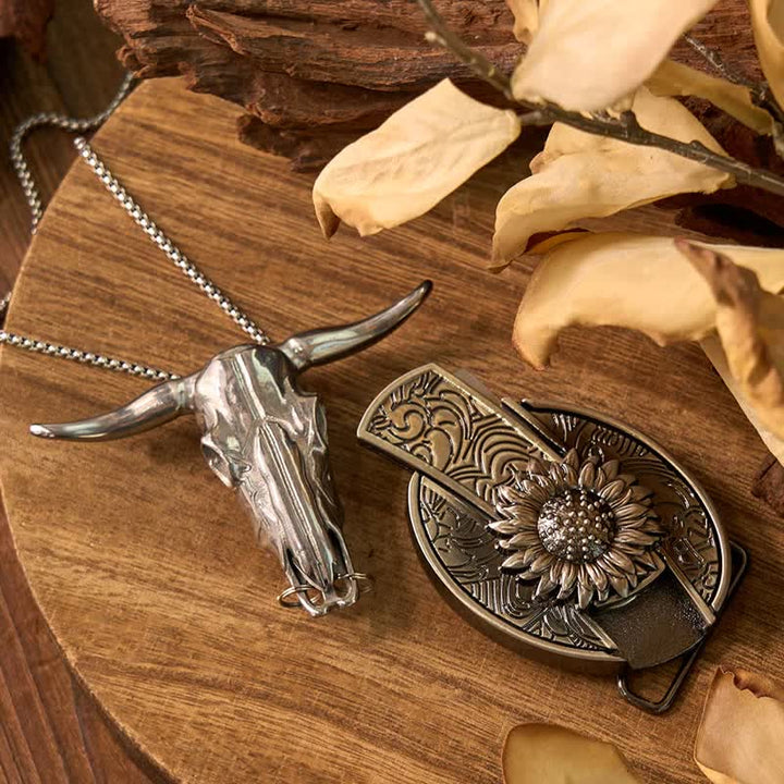 Set di anelli con fibbia per cintura con coltello nascosto fai da te a forma di girasole, ciondolo a forma di toro e rosa - image 2