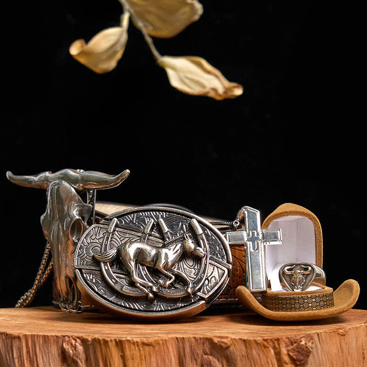 Set di anelli con ciondolo a forma di toro, collana con croce e fibbia per cintura con coltello nascosto a forma di cavallo fai da te
