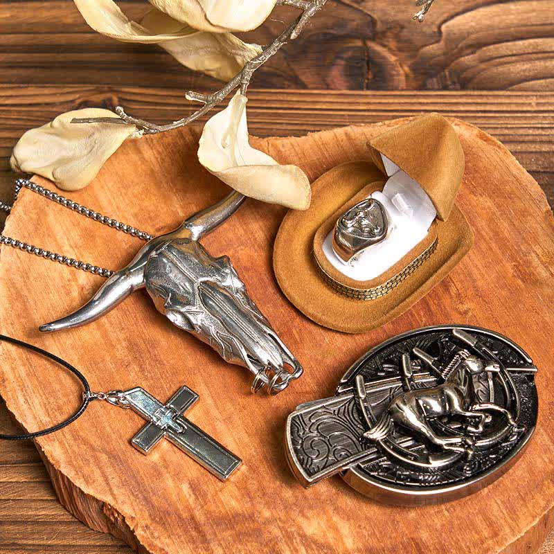 Set di anelli con ciondolo a forma di toro, collana con croce e fibbia per cintura con coltello nascosto a forma di cavallo fai da te