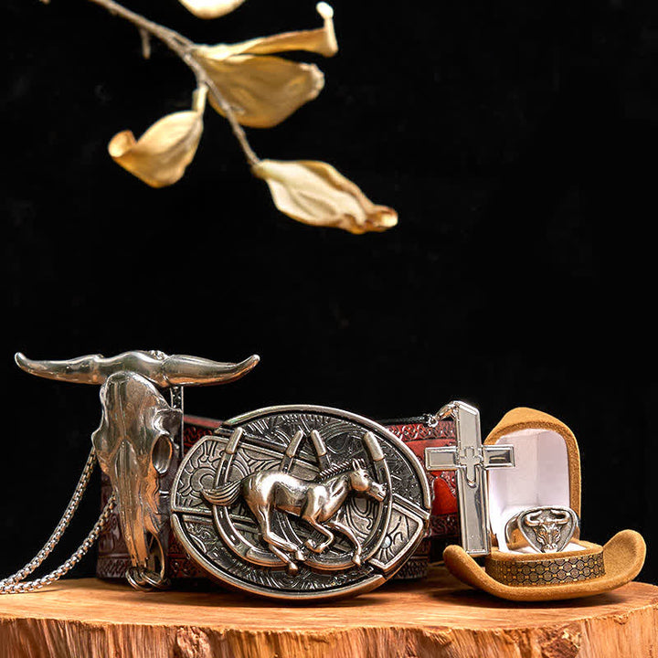Set di anelli con ciondolo a forma di toro, collana con croce e fibbia per cintura con coltello nascosto a forma di cavallo fai da te