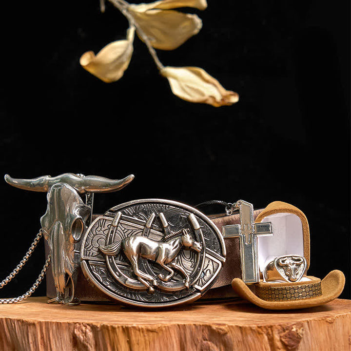 Set di anelli con ciondolo a forma di toro, collana con croce e fibbia per cintura con coltello nascosto a forma di cavallo fai da te
