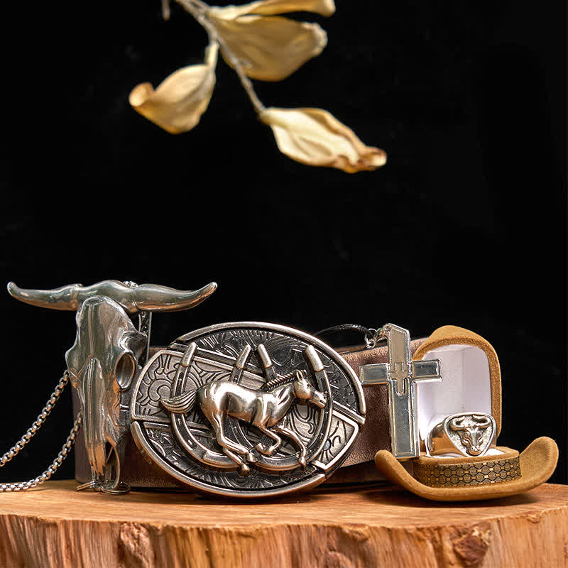 Set di anelli con ciondolo a forma di toro, collana con croce e fibbia per cintura con coltello nascosto a forma di cavallo fai da te - Cavallo - Cintura marrone anticata - 42 - image 7