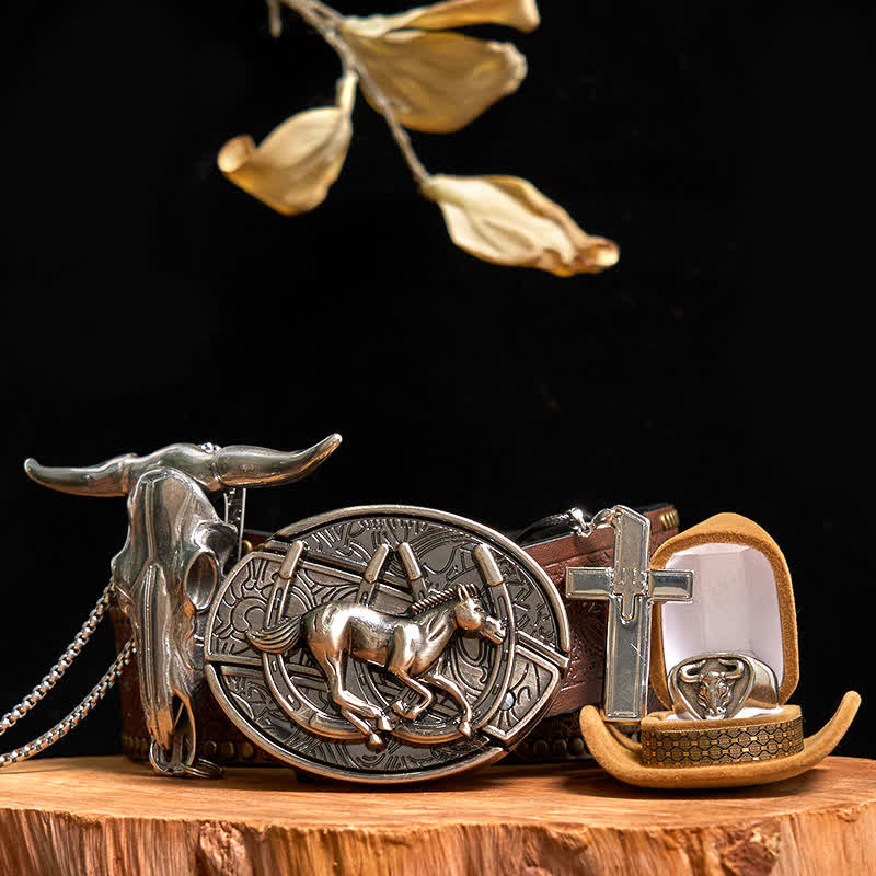 Set di anelli con ciondolo a forma di toro, collana con croce e fibbia per cintura con coltello nascosto a forma di cavallo fai da te