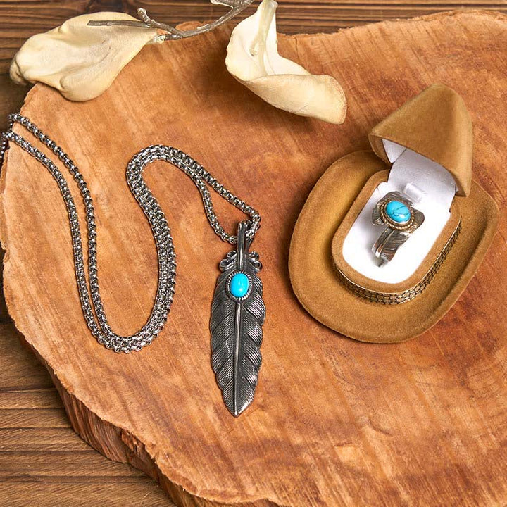 Set di anelli con collana e piuma turchese con fibbia per cintura con coltello nascosto fai da te Angle Wing