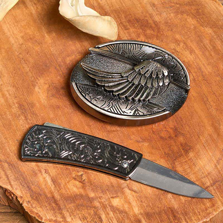 Set di anelli con collana e piuma turchese con fibbia per cintura con coltello nascosto fai da te Angle Wing