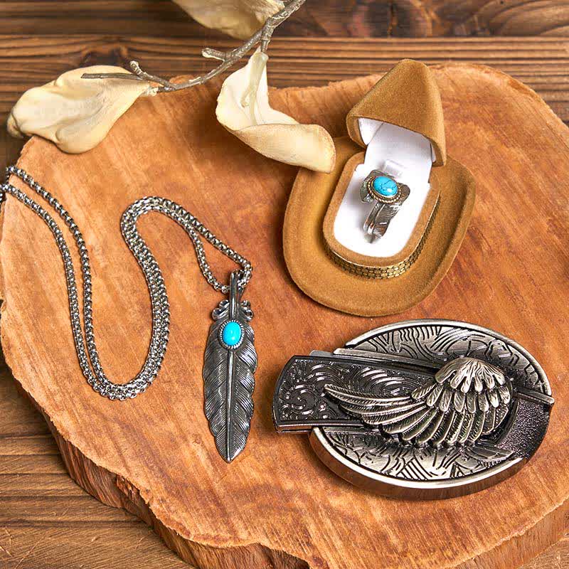 Set di anelli con collana e piuma turchese con fibbia per cintura con coltello nascosto fai da te Angle Wing