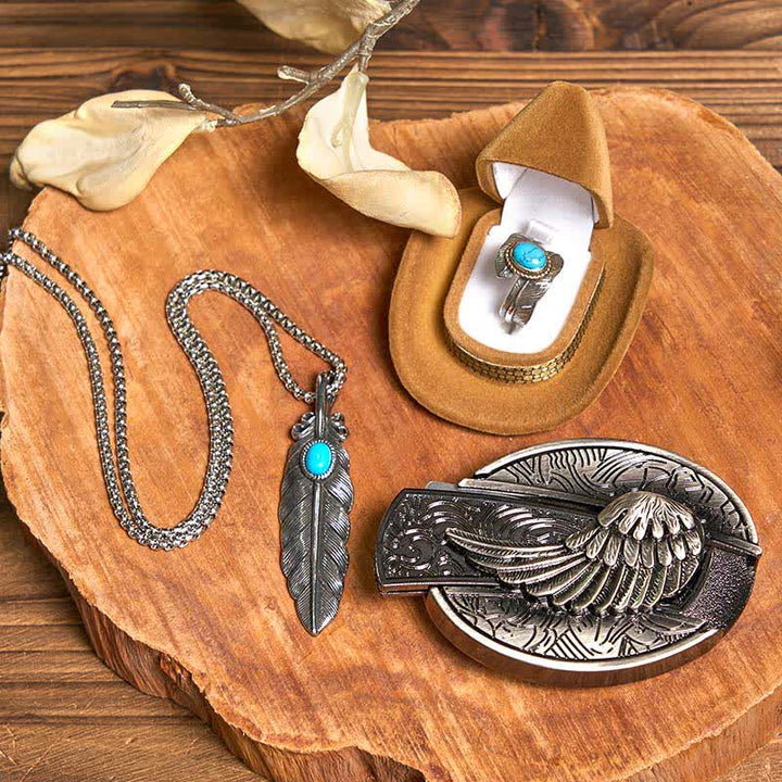 Set di anelli con collana e piuma turchese con fibbia per cintura con coltello nascosto fai da te Angle Wing