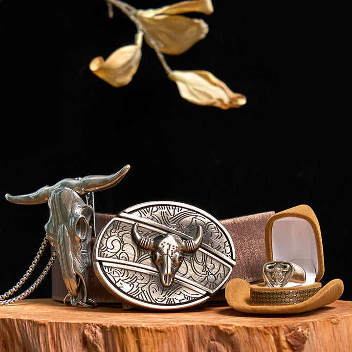 Set di anelli con ciondolo e fibbia per cintura con coltello nascosto fai da te Longhorn Bull - Argento - Cintura marrone anticata - 42 - image 13