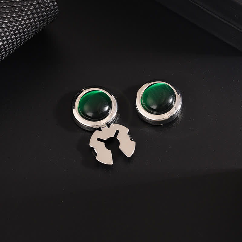 Gemelli da uomo, 1 paio, con bottoni a pressione e pietra occhio di gatto - Verde e argento - image 10