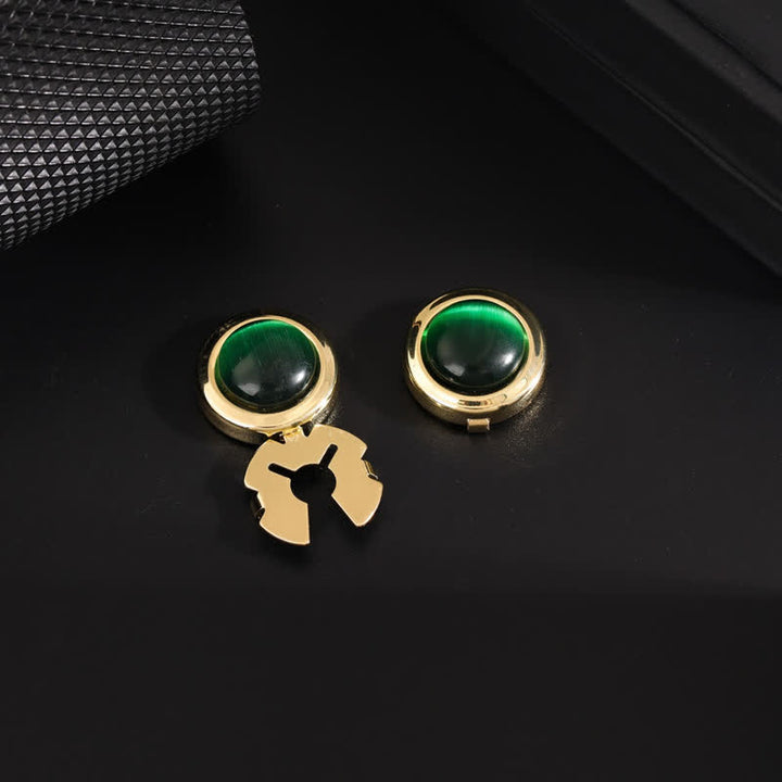 Gemelli da uomo, 1 paio, con bottoni a pressione e pietra occhio di gatto - Verde e oro - image 9