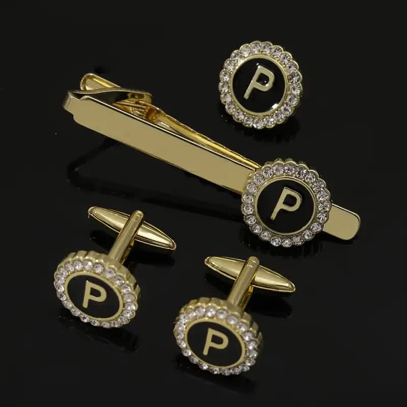 Set di 3 gemelli con spilla fermacravatta e lettere maiuscole in oro da uomo, 26 pezzi - P - image 15