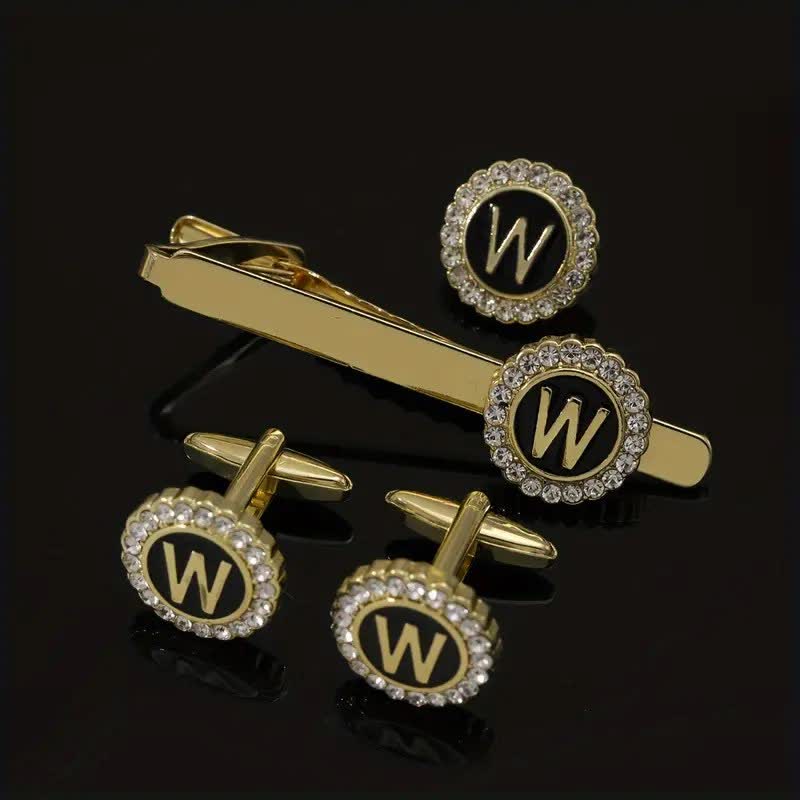 Set di 3 gemelli con spilla fermacravatta e lettere maiuscole in oro da uomo, 26 pezzi - W - image 22