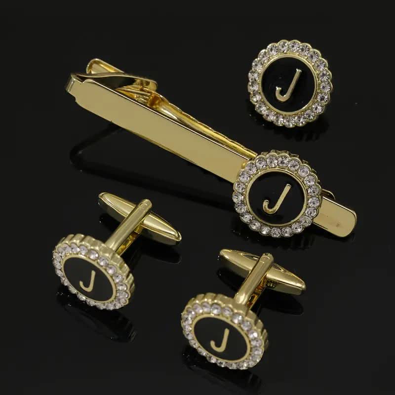 Set di 3 gemelli con spilla fermacravatta e lettere maiuscole in oro da uomo, 26 pezzi - J - image 9