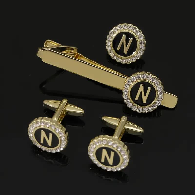 Set di 3 gemelli con spilla fermacravatta e lettere maiuscole in oro da uomo, 26 pezzi - N - image 13