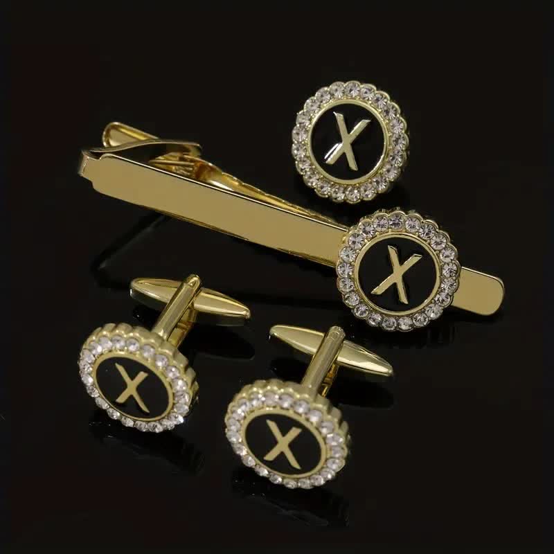 Set di 3 gemelli con spilla fermacravatta e lettere maiuscole in oro da uomo, 26 pezzi - X - image 23