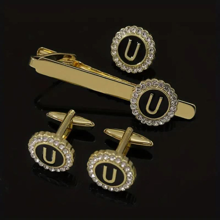 Set di 3 gemelli con spilla fermacravatta e lettere maiuscole in oro da uomo, 26 pezzi - U - image 20