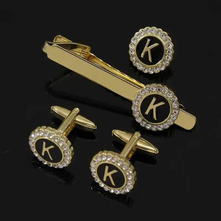 Set di 3 gemelli con spilla fermacravatta e lettere maiuscole in oro da uomo, 26 pezzi - K - image 10