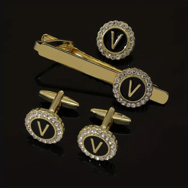 Set di 3 gemelli con spilla fermacravatta e lettere maiuscole in oro da uomo, 26 pezzi - V - image 21