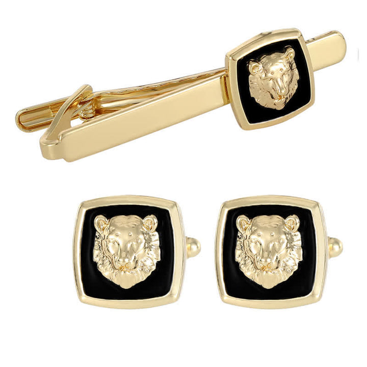 Set di 2 gemelli con fermacravatta a forma di tigre nera e oro da uomo - image 4