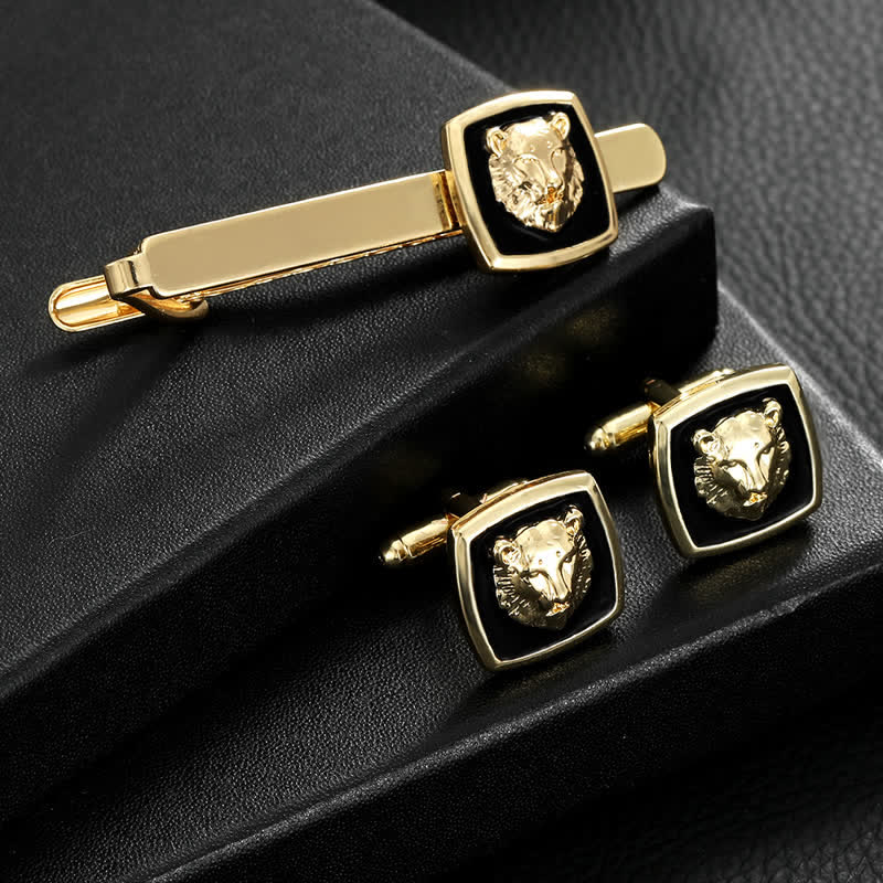 Set di 2 gemelli con fermacravatta a forma di tigre nera e oro da uomo - Oro e nero - image 0