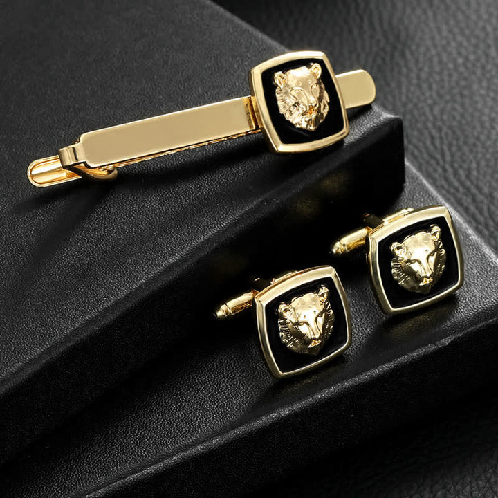 Set di 2 gemelli con fermacravatta a forma di tigre nera e oro da uomo - Oro e nero - image 0