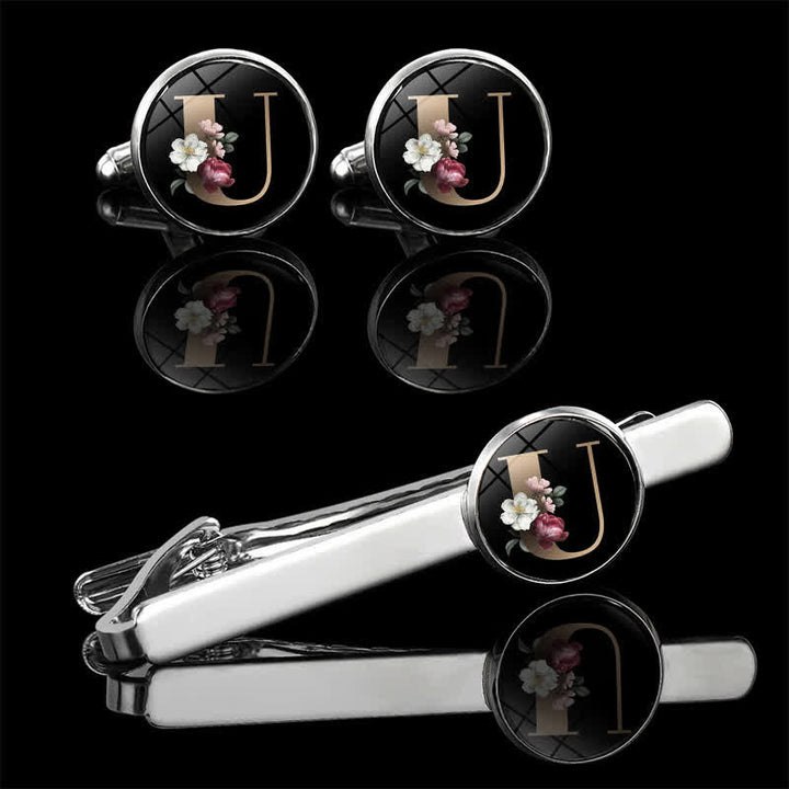 Set di 3 gemelli con fermacravatta e spilla a forma di fiore da uomo, 26 lettere maiuscole - U - image 23