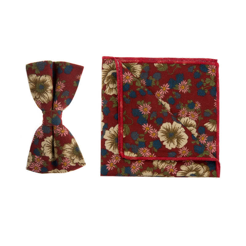 Set di 2 fazzoletti e papillon in cotone con motivo floreale da uomo - Rosso scuro - Papillon + Sciarpa Quadrata - image 4