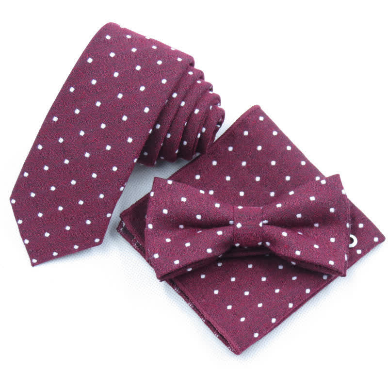 Set di 3 cravatte eleganti a pois da uomo - Borgogna - Papillon + Cravatta + Fazzoletto - image 1