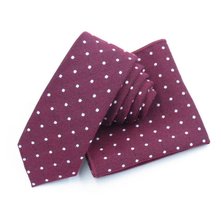 Set di 3 cravatte eleganti a pois da uomo - Borgogna - Cravatta + Fazzoletto - image 5