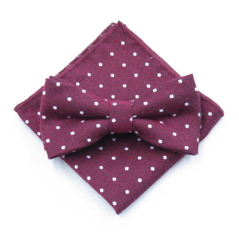 Set di 3 cravatte eleganti a pois da uomo - Borgogna - Papillon + Fazzoletto - image 6