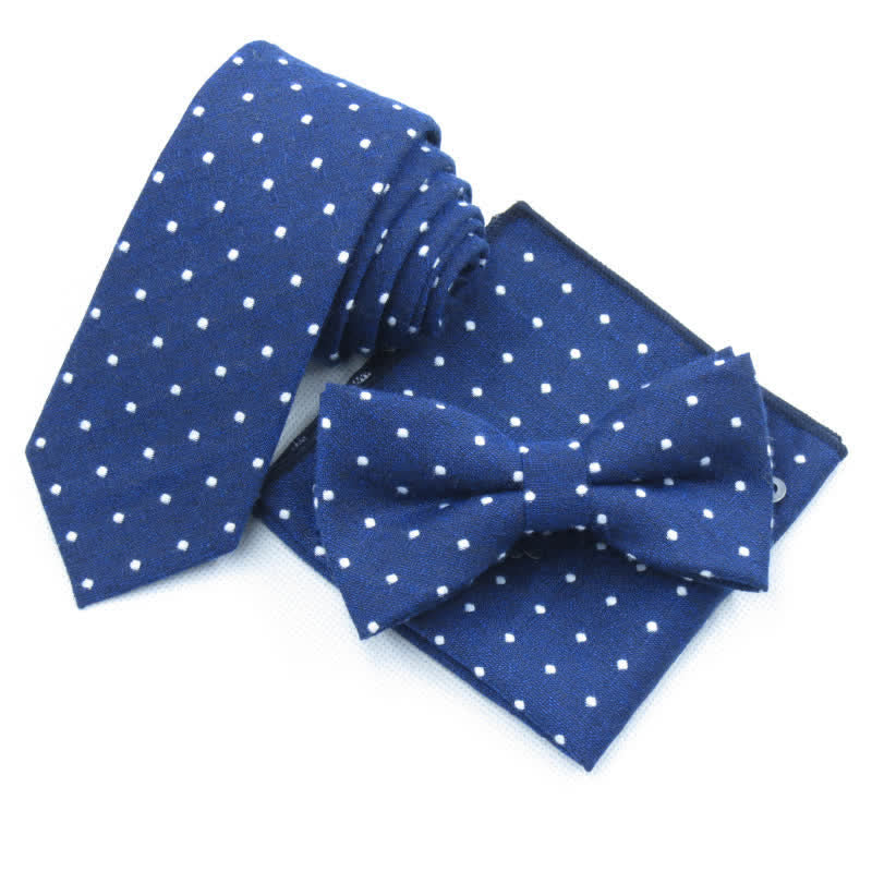 Set di 3 cravatte eleganti a pois da uomo - Marina - Papillon + Cravatta + Fazzoletto - image 11
