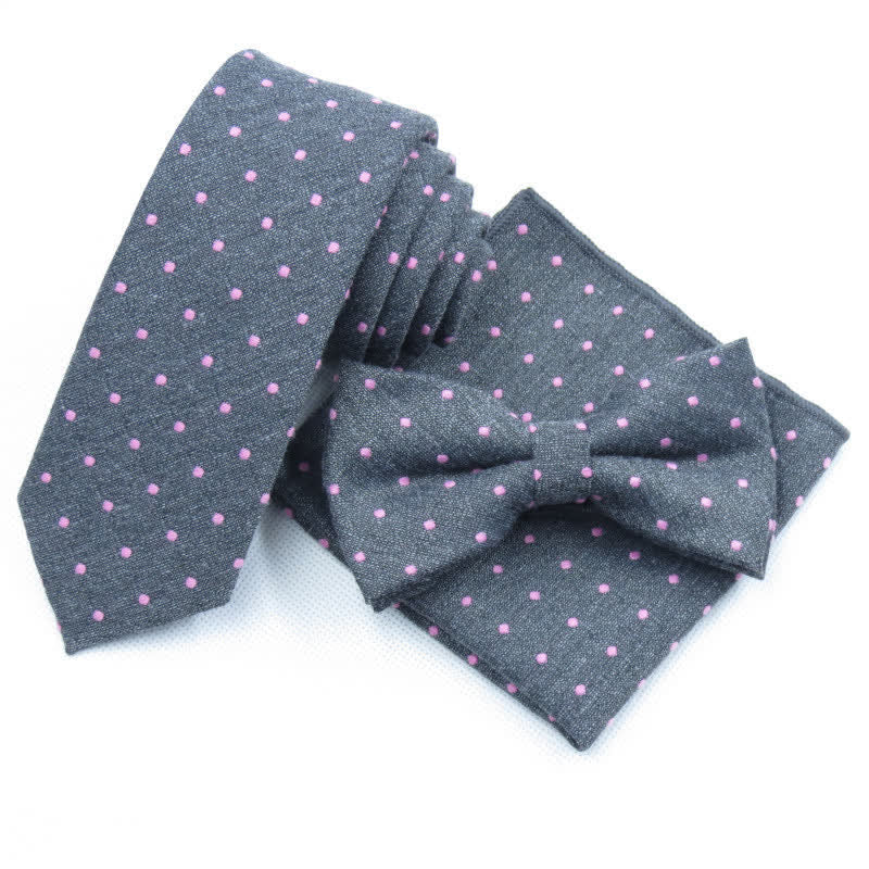 Set di 3 cravatte eleganti a pois da uomo - Grigio - Papillon + Cravatta + Fazzoletto - image 16